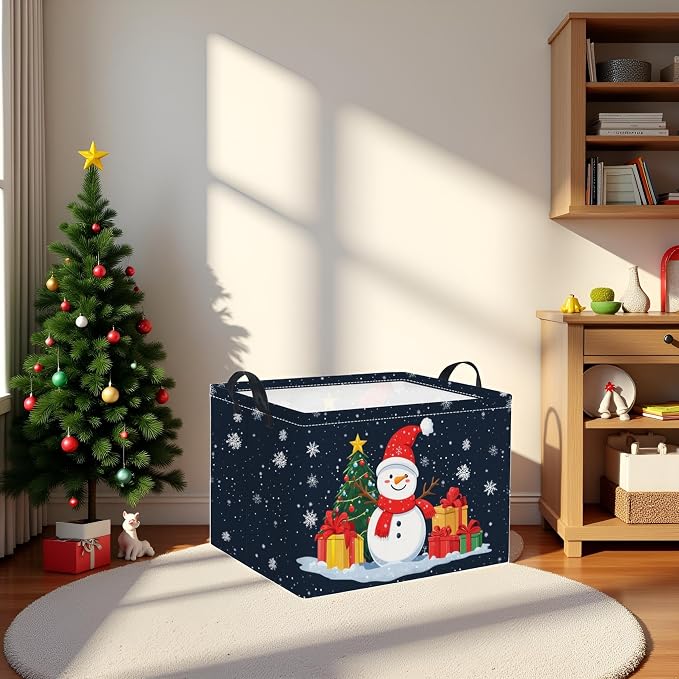 Rectangular Christmas Basket Trick or Treat Spooky Boo Basket with Handles for Women Girls Cute Storage Bin Organizer(Snowman)