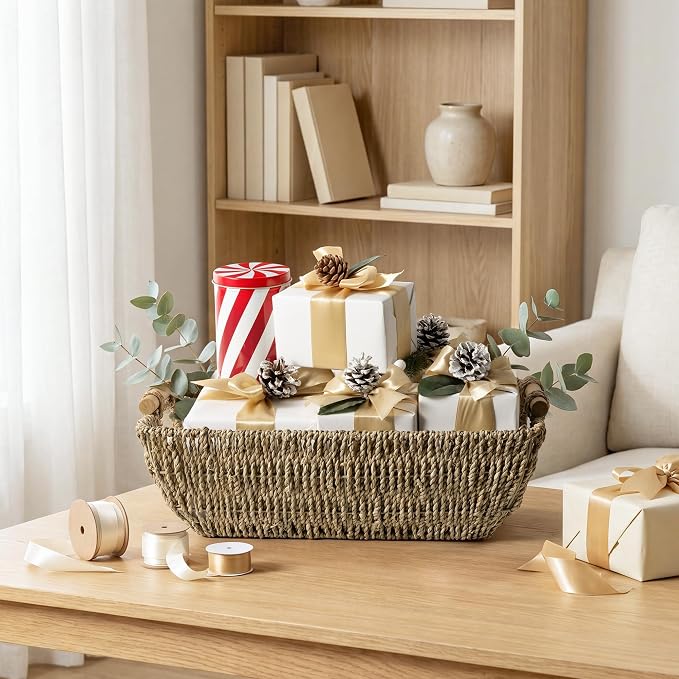 StorageWorks Hand-Woven Jumbo Storage Baskets with Wooden Handles, Seagrass Wicker Baskets for Organizing, 2-Pack | Wicker Storage Baskets for Shelves, Baskets with Wooden Handles, 2-Pack Gifts Basket for Home Decor, Hand-Woven Basket
