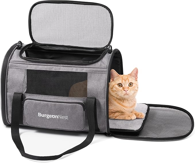 BurgeonNest Cat Carrier up to 20 Lbs, Portable Top Load Pet Travel Bag | Soft-Sided Escape Proof Pet Crate for Big Kitten Small Puppy Transport with Unique Side Bag, Breathable Mesh, Medium Grey