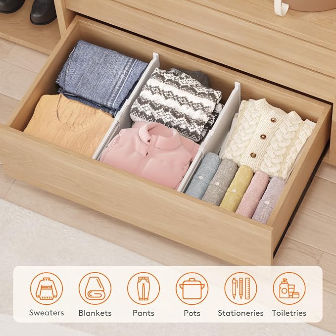 Lifewit 8" Tall Drawer Dividers, Adjustable Deep Drawer Organizer Clothes | 6 Pack 13.8"-22.2" Expandable White Plastic Separators for Dresser, Kitchen, Cabinet, Closet, Office Organization & Storage