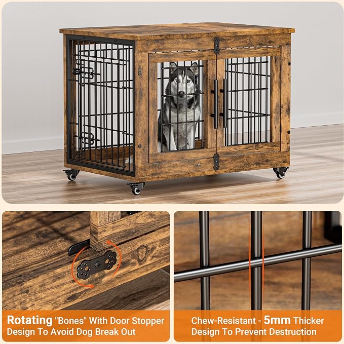 2 Pack Dog Crate Furniture, 32'' Heavy Duty Kennel with Cushion & Wheels | Rustic Brown, Double Doors, Wooden Dog Cage, Chew-Resistant, End Table, Decorative, 27"/32"/38"/44" Options, Indoor