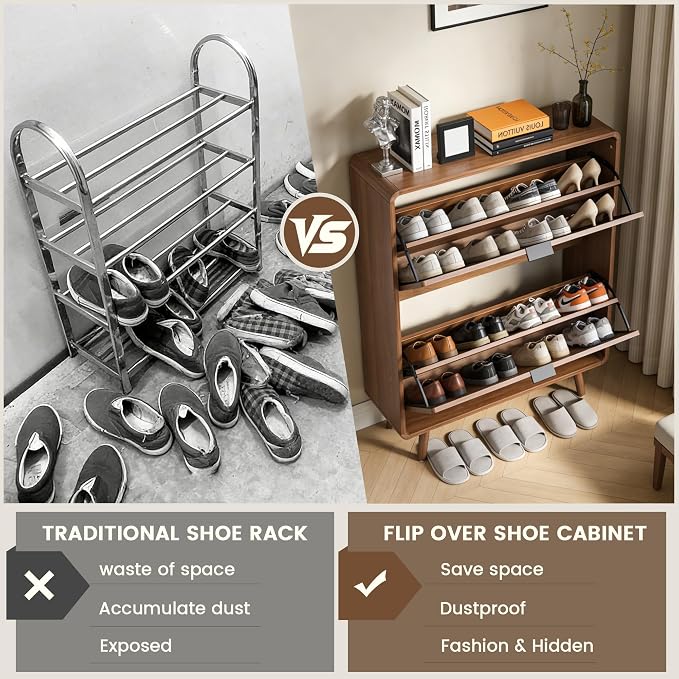 FurSch Fluted Shoe Storage Cabinet with 2 Flip Drawers | Narrow Shoe Rack Cabinet Organizer, Adjustable & Removable Shelves, for Entryway