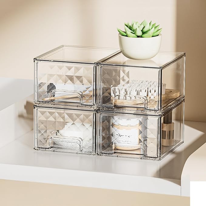 Delamu 2 Pack Stackable Storage Drawers organizer, Clear | Acrylic Makeup Organizer for Bathroom Countertop Storage, Desk, Vanity, Medicine Cabinet, Under Sink, Baby Bottles, for Women