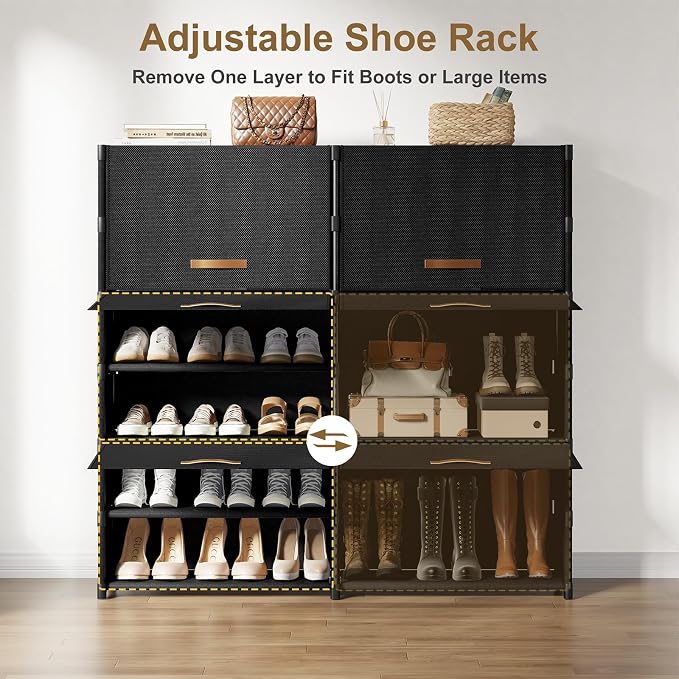2 by 7 Tier Shoe Cabinet, 42-Pair Storage for Closet, Black | Removable Layer Fits Tall Boots, Split into 2 Units for Different Spots, Door Keeps Shoes Clean