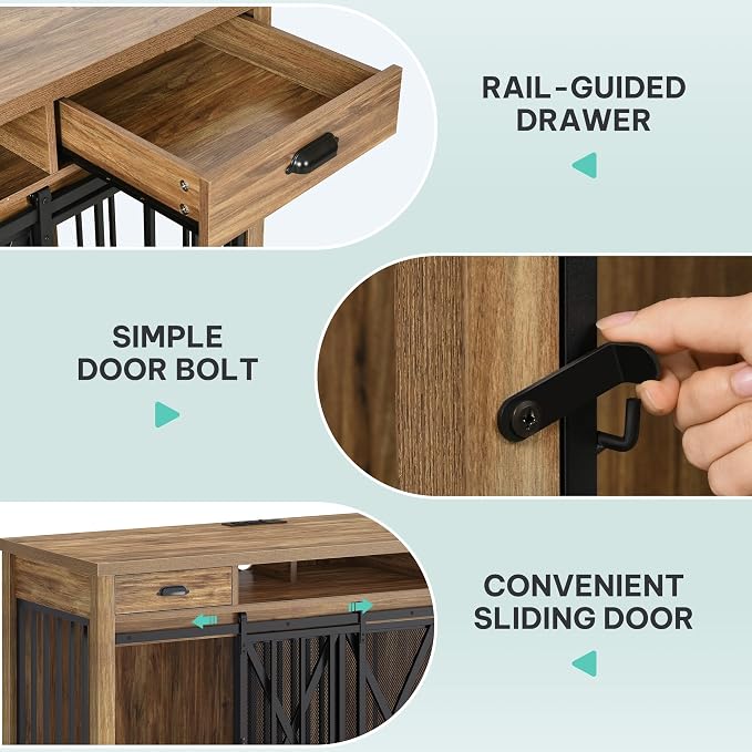 YITAHOME 63" Double Dog Crate TV Stand with Charging Station for 2 Dogs | Heavy Duty Wooden Cage, Dog Kennel Indoor Furniture Double Sliding Barn Door Design Ideal for 2 Dogs, Oak