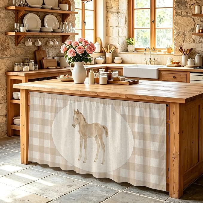 Graceful Pony Cabinet Curtains 28"x51" Sink Skirt for Bathroom Kitchen, Retro Natural Horse Farmhouse Plaid Rustic Self Stick Adhesive Under Desk Covers Tall Laundry Cabinet Storage Organizer