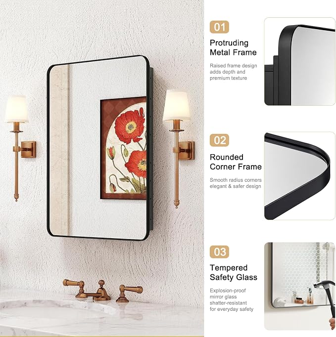 16x27.5 in Bathroom Medicine Cabinet with Mirror, Matte Black | Fully Assembled; Recessed or Surface Wall Mount; Metal Cabinet with Tempered Glass Mirror and Two Adjustable Glass Shelves