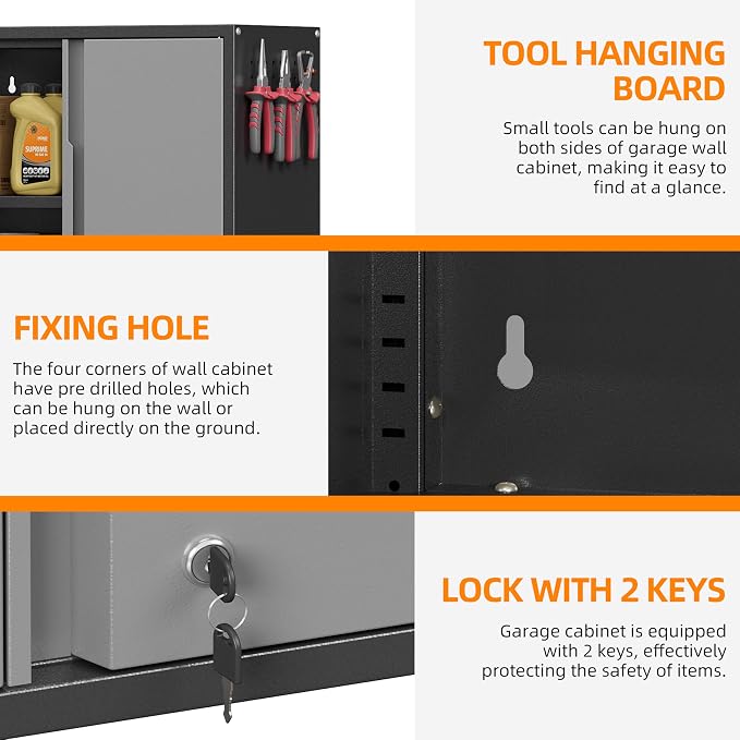 Garage Wall Cabinet with 2 Doors, Metal Wall Cabinet with Lock | 26''H Wall Mounted Cabinet, Lockable Floating Tool Cabinet, Steel Storage Cabinet for Kitchen,Office,Garage,Laundry,Warehouse