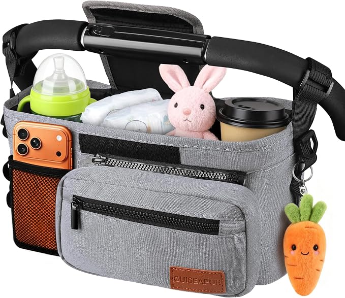 Universal Stroller Caddy with Cup Holder, Stroller Organizer Bag for Travel | Walker Stroller Diaper Bag with Detachable Phone Bag, New Moms Baby Shower Gifts, Accessories Fits for Uppababy, Baby Jogger