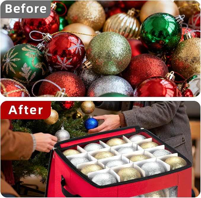Christmas Ornament Storage Box with Adjustable Dividers, Premium Holiday Ornaments Storage Container Bin with Zippered Top for Xmas Decorations (64-3" Balls, Red, Without Tray)