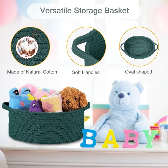 COMSE Empty Small Gift Basket with Bag & Ribbons, Dark Green | Cotton Rope, 12"x 8"x 5", Baby Toy Organizer, Stores Small Items for Bedrooms, Nurseries, Bathrooms, Living Rooms, Offices