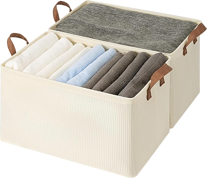 StorageWorks 45L Closet Storage Bins, Storage Baskets, Beige, 2-Pack | Extra Large, With Reinforced PU Handles, Metal Frame, Collapsible, for Shelves, Closet, Holds Clothes, Towels, Blankets