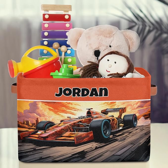 Custom Storage Baskets Named, Personalized Storage Bin Basket Boxes PU Leather Handles for Clothes Bedroom Closet Organizing Toys Books Shelves, Racing Car Background