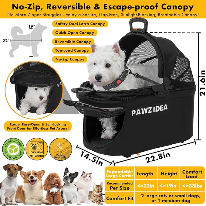 PAWZIDEA Portable Small Dog Crate for Car Travel Up to 33lbs, No-Zip Canopy | Enclosed Dog Car Seat Escape-Proof, Soft-Sided Small Medium Puppy Cats Car Kennel, Foldable Pet Carrier by Seatbelt, Top-Load