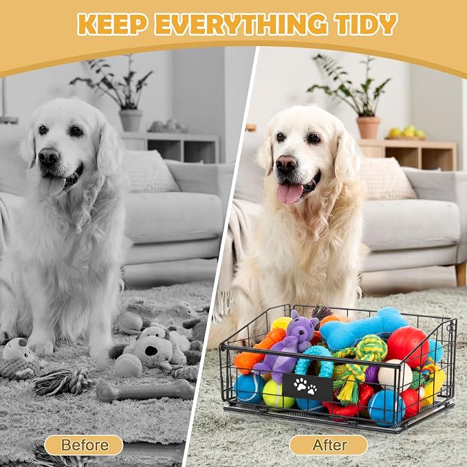 3 Pack Metal Dog Toy Baskets Multi-sized Foldable Dog Toy Bins Box Storage Container Organizer for Living Room Area Decorative Pet Accessories Coat Clothing Storage Holder Baskets(Black)