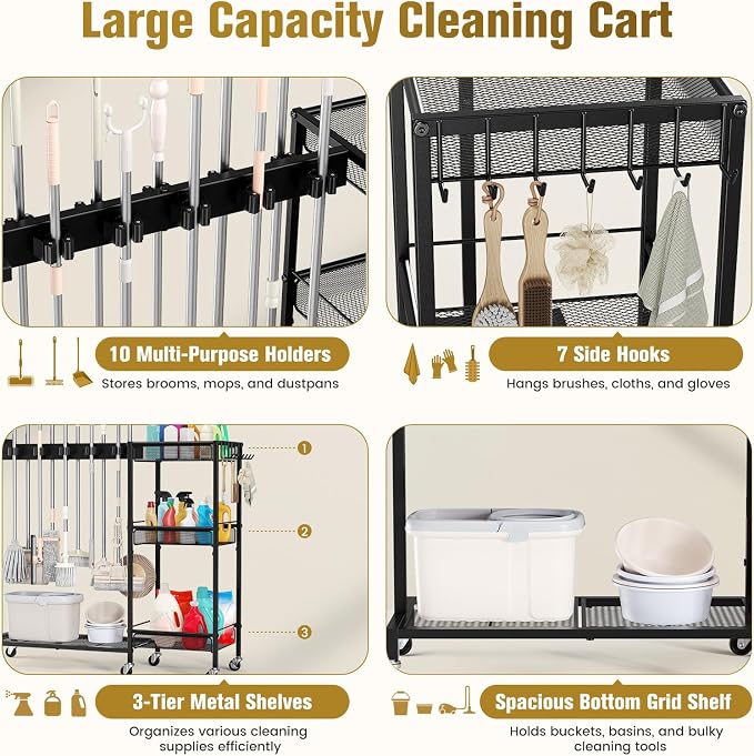 Broom Holder with Cleaning Supplies Organizer, Cleaning Utility Cart on Wheels, 10 Clips & 7 Hooks, 3-Tier Shelves, Broom Closet Storage Cabinet with Cleaning Caddy for Home Commercial Use