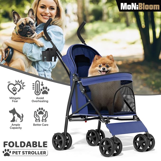 MoNiBloom Pet Stroller for Small/Medium Dogs & Cats Holds 22 lbs, Navy Blue | Foladble 4 Wheels Easy-Fold Puppy Cage Jogger Stroller with Sun Cover, Pad and Rear Storage Bag, Breathable and Visible Mesh