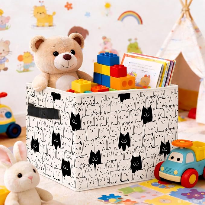 Doodle Cats Storage Bin, Foldable Fabric Organizer | Black and white doodle cat storage bin for toys, books, clothes, pet supplies, bedrooms, playrooms, shelves, and closets.