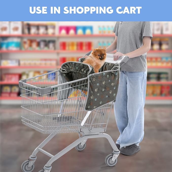 Soft Velvet Shopping Cart Cover for Dogs, Plush Pets Grocery Cart Cover with Safety Ropes, Portable and Easy-on Stretch Design for Shopping Carts with Carry Bag(Print)