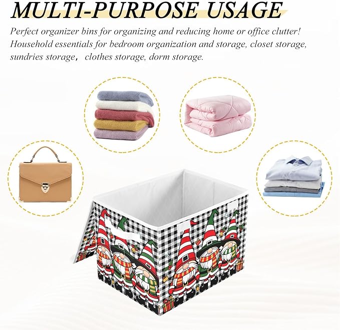 Red Christmas Fabric Storage Bins with Lid Closet Storage Basket 40L | Decorative Storage Boxes, Dust-Proof Flip Top, Reinforced Handles, For Home & Bedroom, Clothes & Toy Box, Christmas Print
