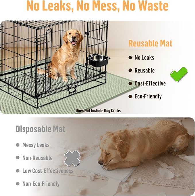 Silicone Dog Bed Mat 34"x 22" Crate Mat for Dog Cages, Green | Extra Large Kennel Mat with Raised Edge, Washable, Leakproof, Waterproof Dog Mat for Crate, Dog Floor Mat to Protect Floors