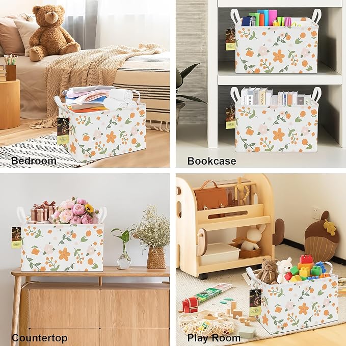 Rectangle Foldable Storage Basket Handles For Home, Orange Flower | Waterproof canvas material, reinforced handles, perfect for shelf use, organizes clothes, daily items and pet supplies