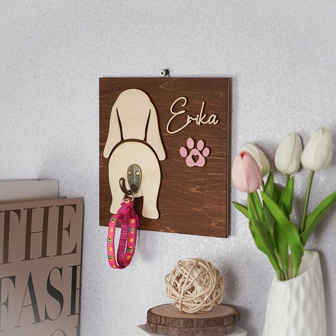 Personalized Dog Leash Holder Wall Mount, Custom Dog Butt Harness Wall Hanger Organizer with Name, Hooks for Leashes, Collars, Keys, Funny Leash Rack for Entryway, Gift for Pet Lovers, Home Décor