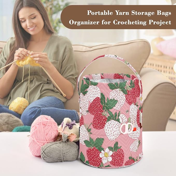 Tatenale Crochet Bag Yarn Bag Knitting Project Bag with Pockets and Handle Portable Yarn Storage Organizer Tangle Free 8.3x11 InchPink White Strawberries Flowers25
