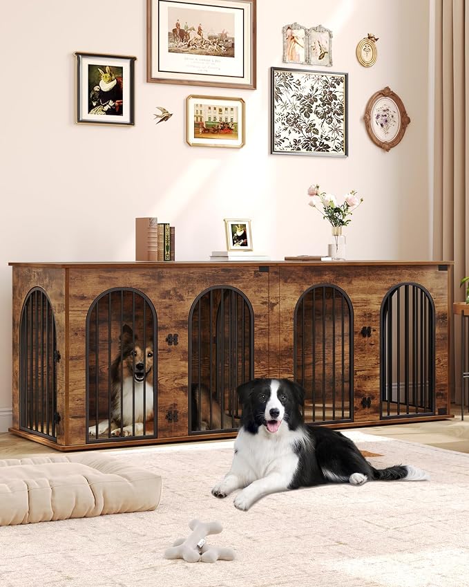 Hzuaneri 86.6" Double Dog Crate Furniture, Dog Kennel Indoor with Cushion | Heavy Duty Dog Crate Furniture for 2 Dogs,Dog Cage End Table TV Stand with Divider for Med-Large Dog,Rustic Brown DFC84001BV1
