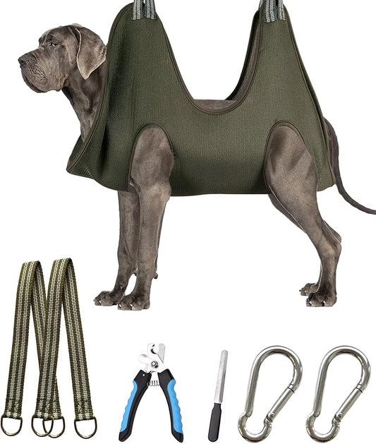 Kkiimatt 10 in 1 Pet Grooming Hammock Harness with Nail Clippers/Trimmer, Nail File, Comb,Dog Nail Hammock, Dog Grooming Sling for Nail Trimming/Clipping (XXXL/Under 140lb, Khaki Green)