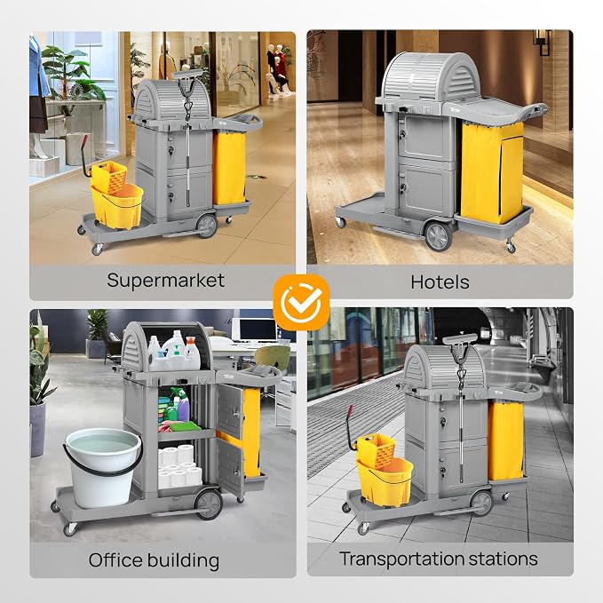TUFFIOM Janitorial Cart on Wheels, 3 Shelf Commercial Cleaning Cart with Key Locking-Cabinet, Grey Housekeeping Cart with Locker and Cleaning Bag, for Hotel, Business, Office, Stadium Use