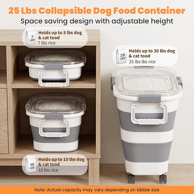 2 Pack 25 Lbs Dog Food Storage Container, Collapsible Rice Container | Airtight Cat Food Container with Wheels, Transparent Lid, Measuring Cup, Scoop and Handle, BPA Free for Pet Food, Bird Seed