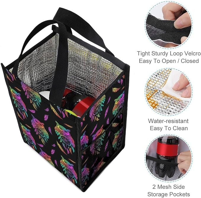 Portable Insulated Lunch Bag, Reusable Thermal Bags Compatible with Owl Rainbow Dream Catcher Cooler Tote Bag with Pocket Food Organizer Lunchbox