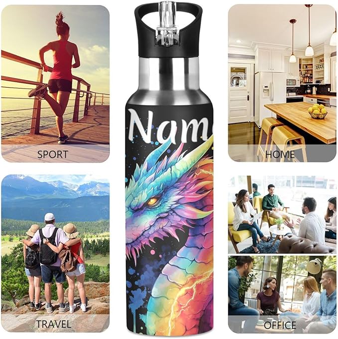Custom Name Lightning Dragon Rainbow Water Bottle with Straw Lid Kids Insulated Stainless Steel Water Flask Sports, 20 Oz Hot Cold