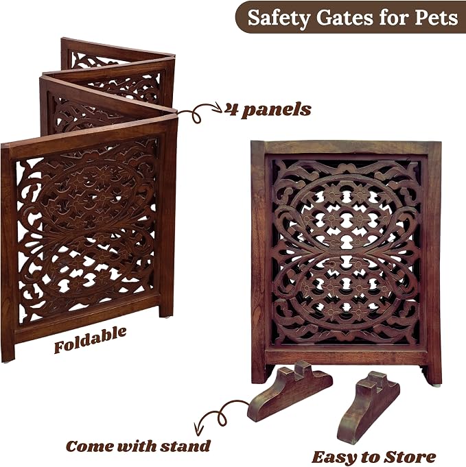 Lightnpro 4-Panel Wooden Dog Gate – 72 Inch Extra-Wide Foldable Freestanding Pet Barrier, Rustic Burnt Finish Indoor Safety Fence for Small Dogs & Puppies – 24x18 Inch Panels