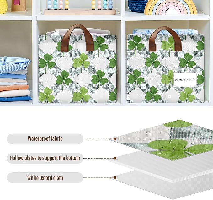 Plaid Shamrock Clover St Patricks Day Storage Basket Foldable Cube Storage Bins with Handles&Label Waterproof Organizer Box Bin Large Rectangle Decorative Baskets for Shelves Home Room Laundry-2 Pack