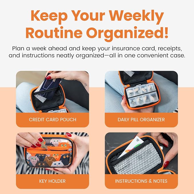 Made Easy Kit Pill Case for Everyday and Travel - 7-Day Weekly Medicine Supplement Vitamin Organizer Sorter Tracker - Neoprene Bag with Pockets - Compact Portable 8 Compartments (Orange Cat)