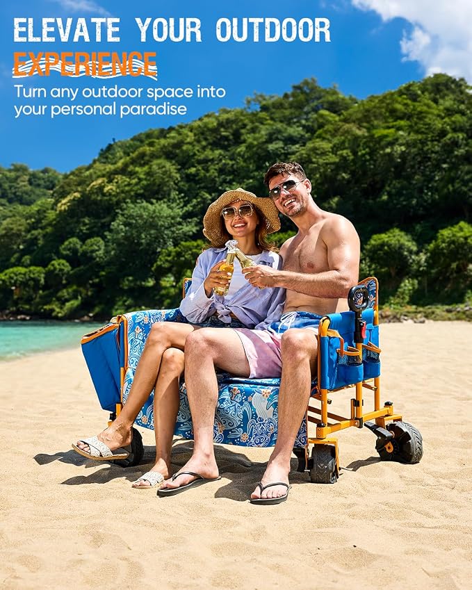 Old Bahama Bay 500lbs Love-Seat Wagon 3-in-1 Bench Wagon Seat for 2 Adults | Heavy Duty Utility Cart, 31L Detachable Cooler Bag, Adjustable Handle &Cup Holders,Perfect for The Beach, Sport, Camping