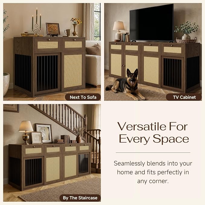 PureCozy 2-Piece Dog Crate Furniture, Right, 80 Inch, Dark Oak | Right-unit kennel with metal sliding door plus cane storage cabinet and 4 total drawers; furniture-style indoor console.