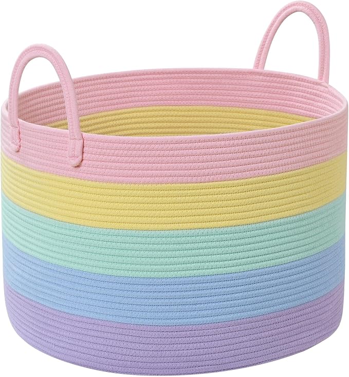 67L Large Rainbow Blanket Basket, Cotton Rope Baby Laundry Hamper with Handles, Kids Toy Basket for Classroom & Nursery, Soft Round Stuffed Animal Storage, Dog Toy Bin - 20"x13", Light Rainbow