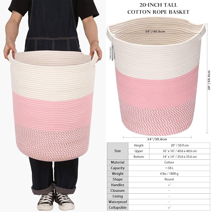Sea Team Large Woven Cotton Rope Laundry Basket with Handles, 20 x 14 in | Collapsible Knitted Hamper, Closet Shelf Organizers, Containers for Clothing, Blankets, Toys, Bedding, Mottled Pink