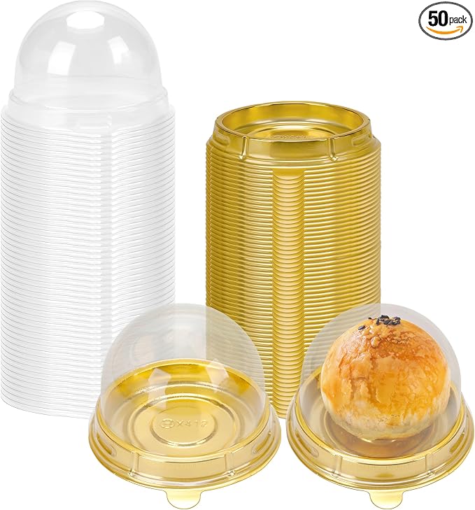 NPLUX 50 Pack Gold Mini Individual Cupcake Containers with Clear Lids | 50 clear PET Cupcake Boxes,2.8x2 IN,Desk Pet,Mini Cupcake Holder,for Mooncakes, Wedding Favors, and Elegant Dessert Displays