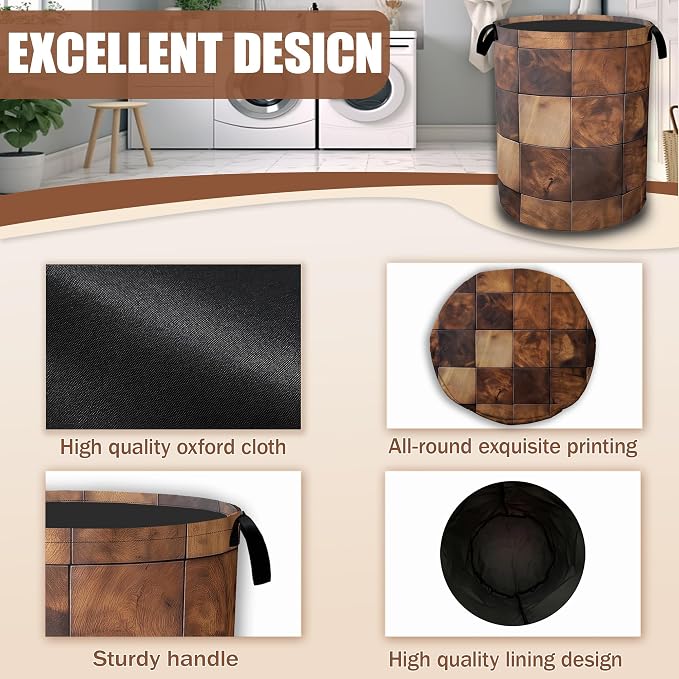 Brown Wood Squares Laundry Basket, Laundry Hamper Waterproof Oxford Cloth Tote Collapsible,Clothes Storage Bucket Decorative Toy Organizer For Bathroom Bedroom 16" x 20.8"