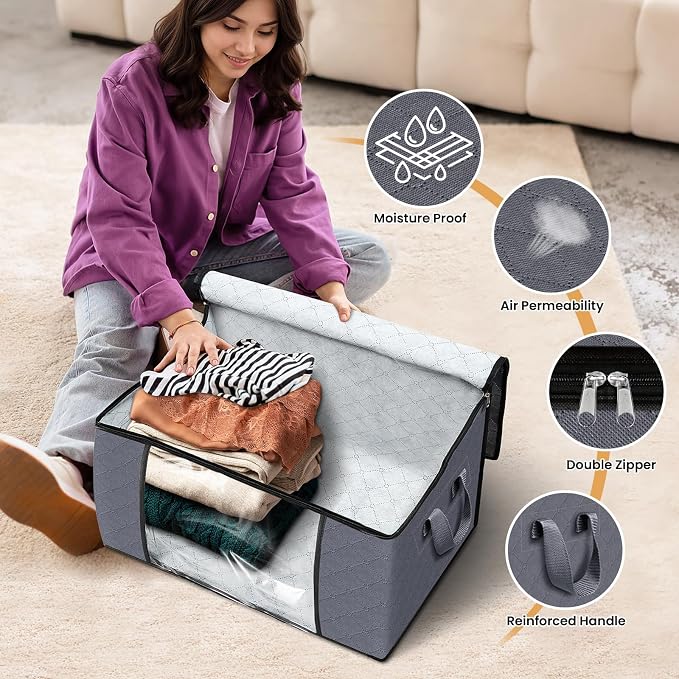 6 Pack Storage Bags for Clothes Blanket Storage Bins with Lids | Foldable Closet Organizers with Zippers,Window and Handles,Fabric Storage Bins for Sweater,Comforter,Bedding,Dorm essentials