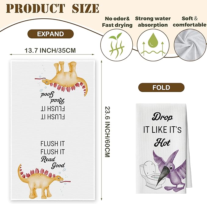 Bath Towels Set of 2, Cute Funny Dinosaurs Dish Towel for Bathroom Spa Kitchen, Decorative Hand Towels, Fast Drying Tea Towel, Housewarming Xmas Gifts for Dinosaurs Lover Women Mom -B31