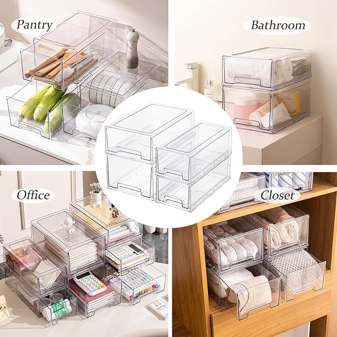 Clear Stackable Refrigerator Organizers and Storage Drawers - Pull-Out Fridge Bins with handles for Kitchen，Pantry，Cabinet，Bathroom, Undersink，Closet (2 Pack)