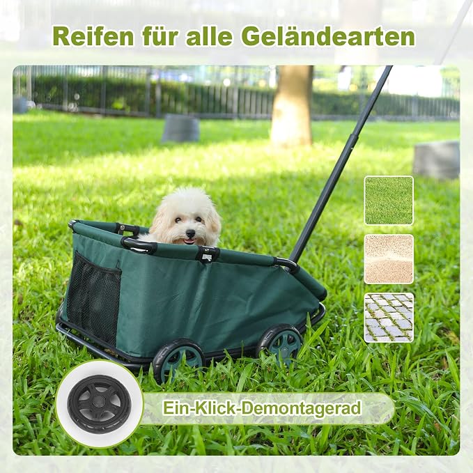 Mini Dog Strollers for Mini Pets, Foldable Multifunctional Shopping Carts with Extendable Pull Handle, Doggie Wagon Built-in Cushion and Safety Rope with Storage Bag (Dark Green)
