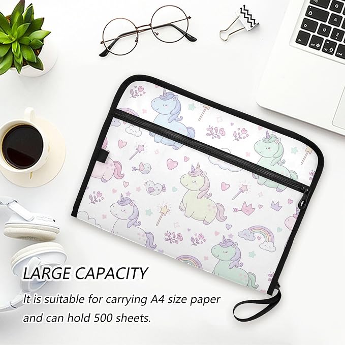 Fairy Tale Unicorns Expanding File Folder with Sticky Labels, 13 Pockets Accordion File Folder Document Organizer Expandable Zip File Folder with Zipper Closure