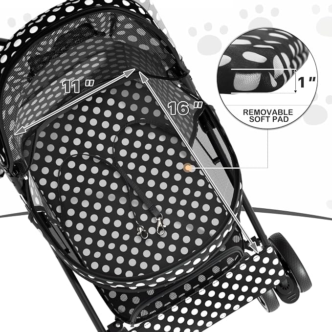 MoNiBloom Pet Stroller for Small/Medium Dogs and Cats, Black Polka Dots | Foladble 4 Wheels Easy-Fold Puppy Cage Jogger Stroller with Sun Cover, Pad and Rear Storage Bag, Breathable and Visible Mesh