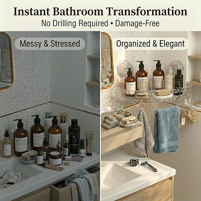 Corner Shower Caddy with Suction Cups, No Drill Corner Shower Shelf Organizer with Hooks, Clear Shower Storage Rack for Tile, Glass & Smooth Surfaces, White/Clear
